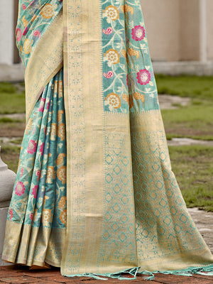 Sky Blue Organza Saree With Blouse Piece
