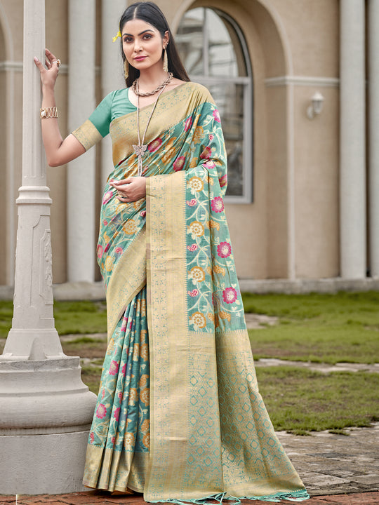 Sky Blue Organza Saree With Blouse Piece
