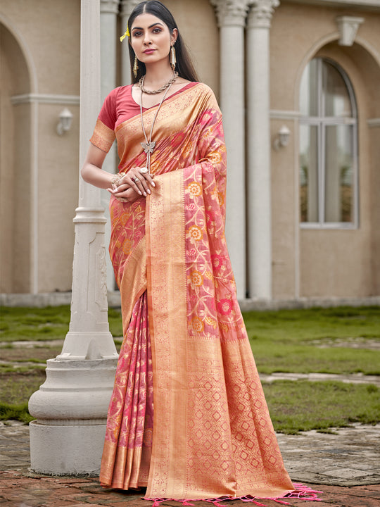 Pink Organza Saree With Blouse Piece