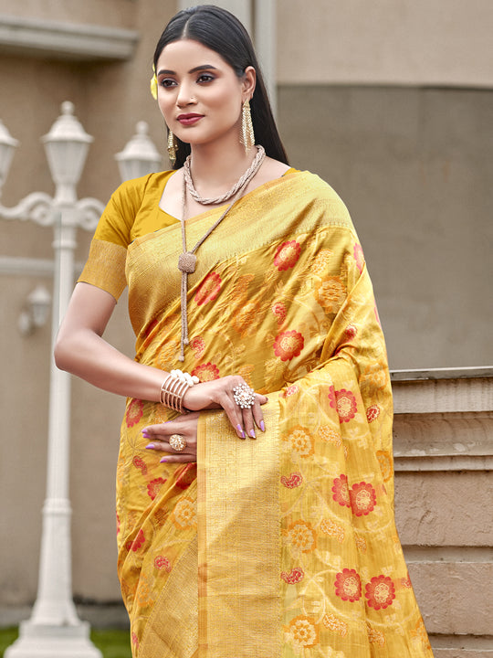 Yellow Organza Saree With Blouse Piece