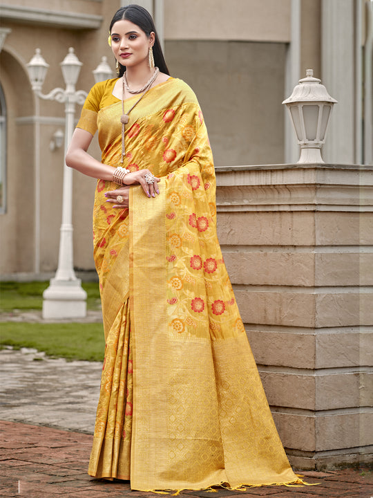 Yellow Organza Saree With Blouse Piece