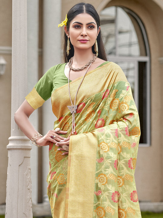 Green Organza Saree With Blouse Piece