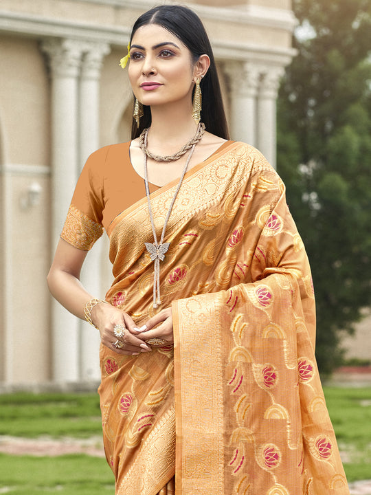Orange Organza Saree With Blouse Piece