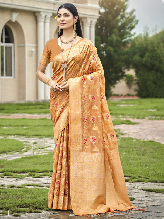 Orange Organza Saree With Blouse Piece