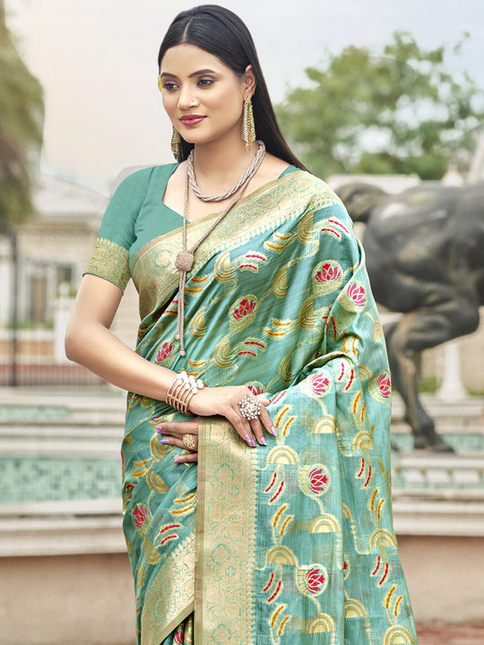 Teal Blue Organza Saree With Blouse Piece