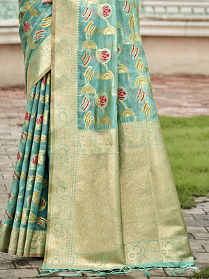 Teal Blue Organza Saree With Blouse Piece