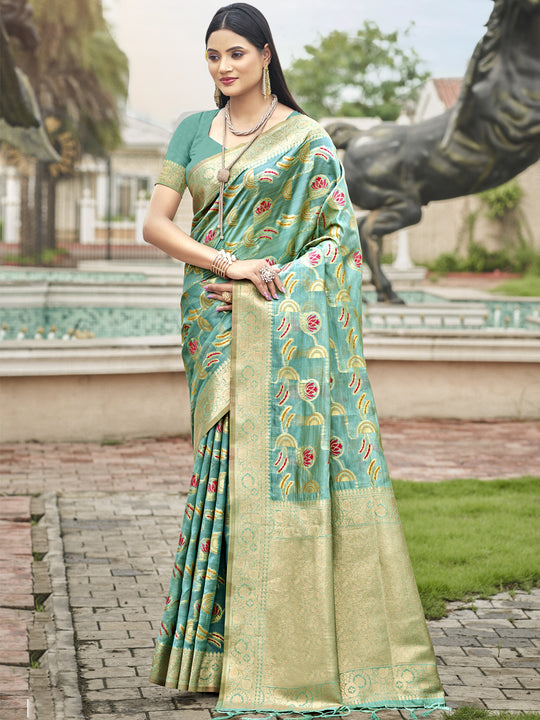Teal Blue Organza Saree With Blouse Piece