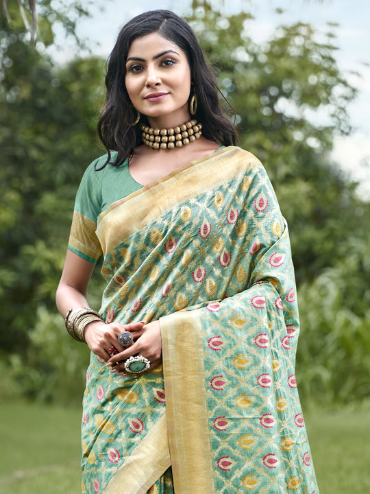 Teal Blue Organza Saree With Blouse Piece