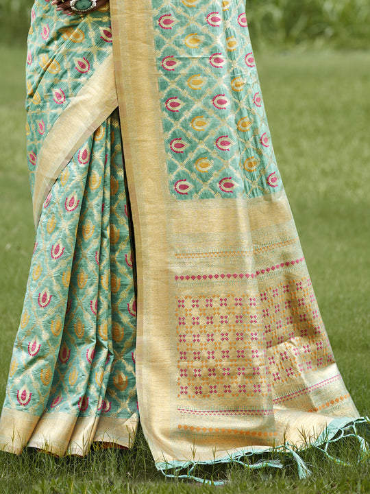 Teal Blue Organza Saree With Blouse Piece