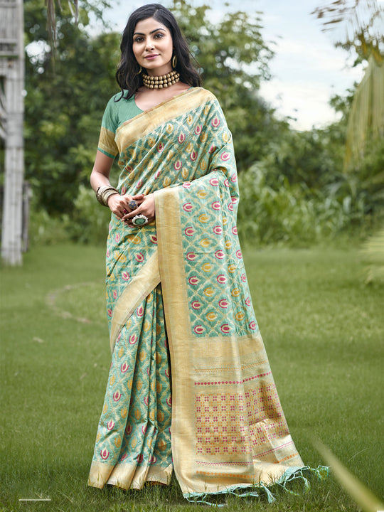 Teal Blue Organza Saree With Blouse Piece