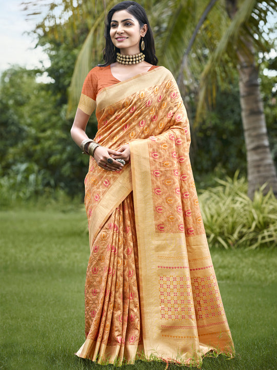 Orange Organza Saree With Blouse Piece