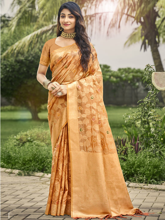 Orange Organza Saree With Blouse Piece