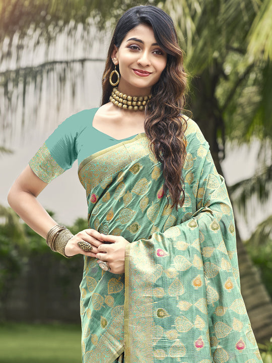 Teal Blue Organza Saree With Blouse Piece