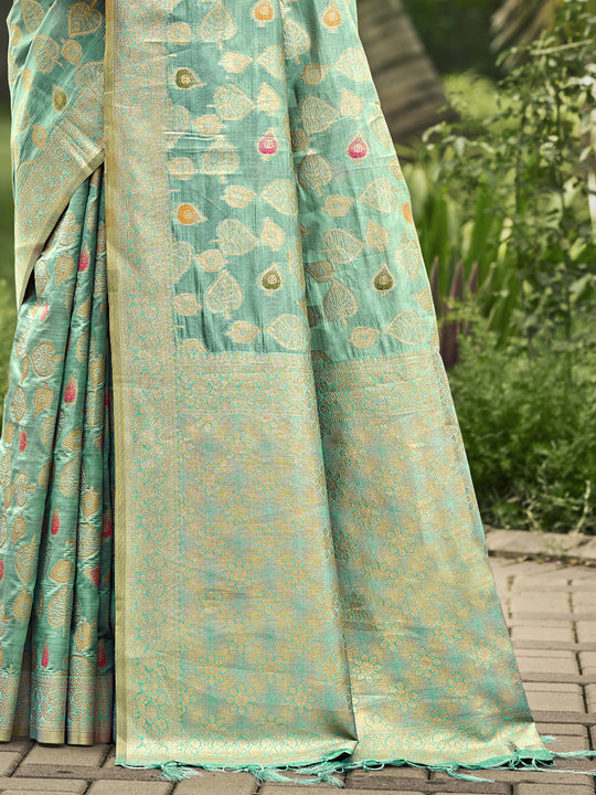 Teal Blue Organza Saree With Blouse Piece
