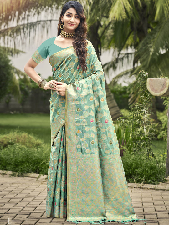 Teal Blue Organza Saree With Blouse Piece