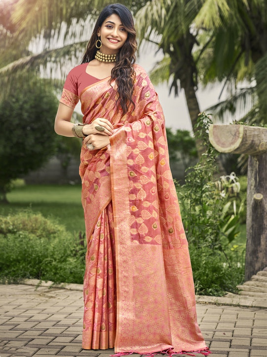 Pink Organza Saree With Blouse Piece