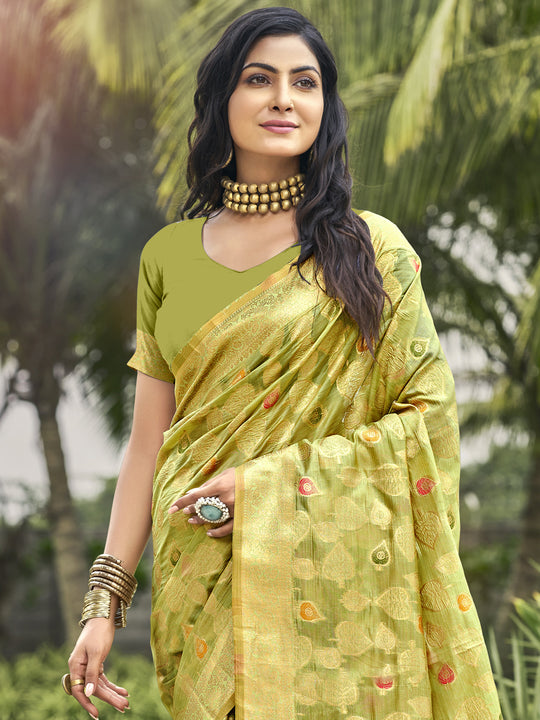 Olive Organza Saree With Blouse Piece