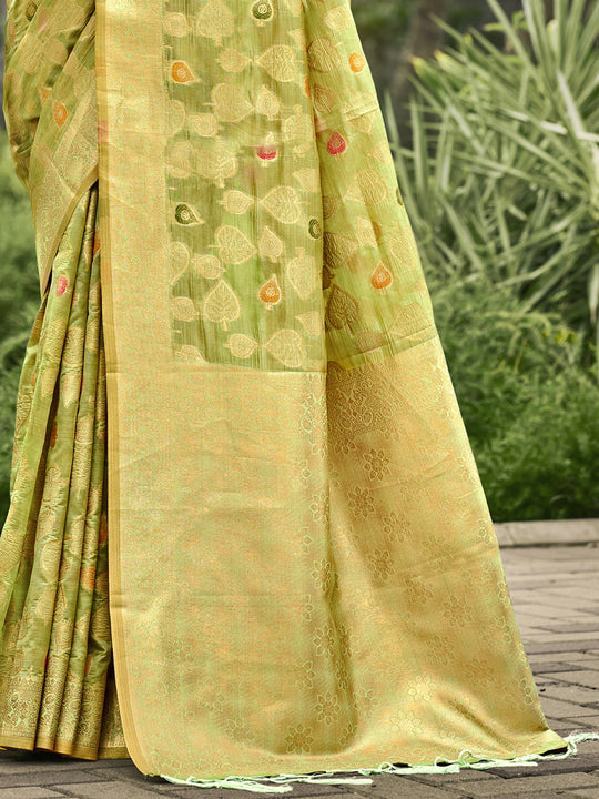 Olive Organza Saree With Blouse Piece