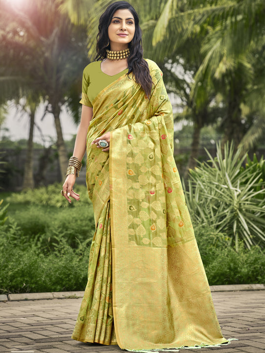 Olive Organza Saree With Blouse Piece