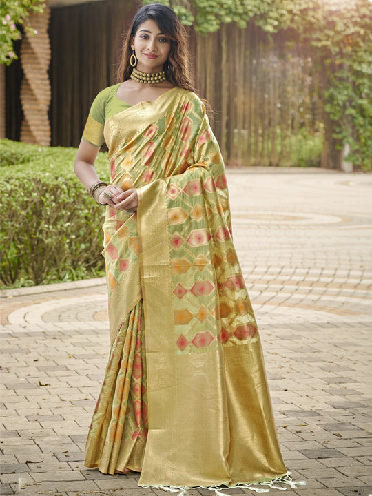 Olive Organza Saree With Blouse Piece