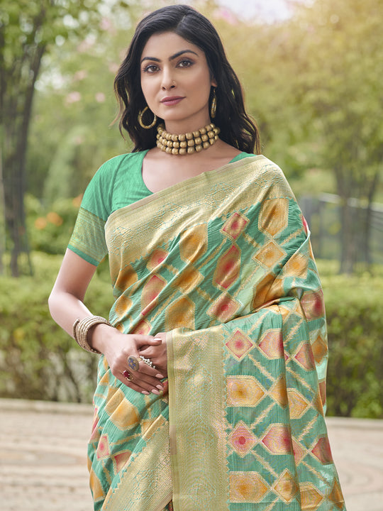 Teal Blue Organza Saree With Blouse Piece