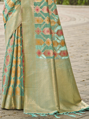 Teal Blue Organza Saree With Blouse Piece