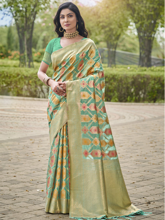 Teal Blue Organza Saree With Blouse Piece