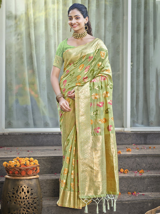 Green Organza Saree With Blouse Piece
