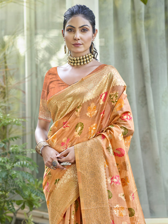 Orange Organza Saree With Blouse Piece