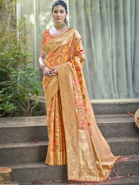 Orange Organza Saree With Blouse Piece