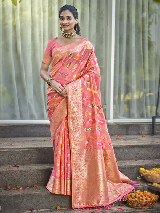 Pink Organza Saree With Blouse Piece