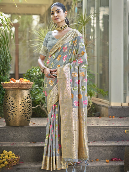 Grey Organza Saree With Blouse Piece
