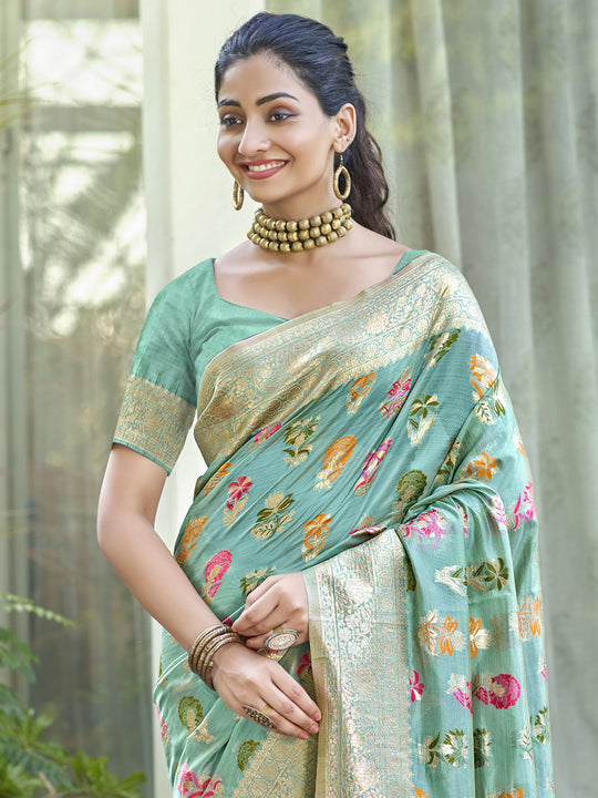 Teal Blue Organza Saree With Blouse Piece
