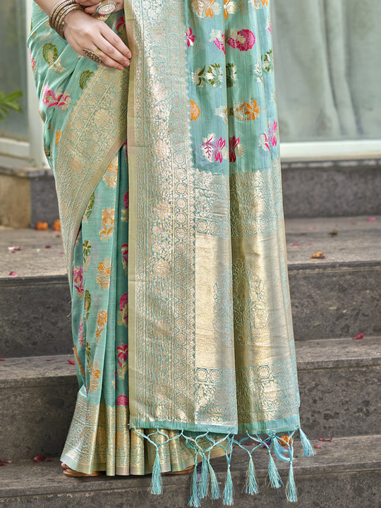 Teal Blue Organza Saree With Blouse Piece