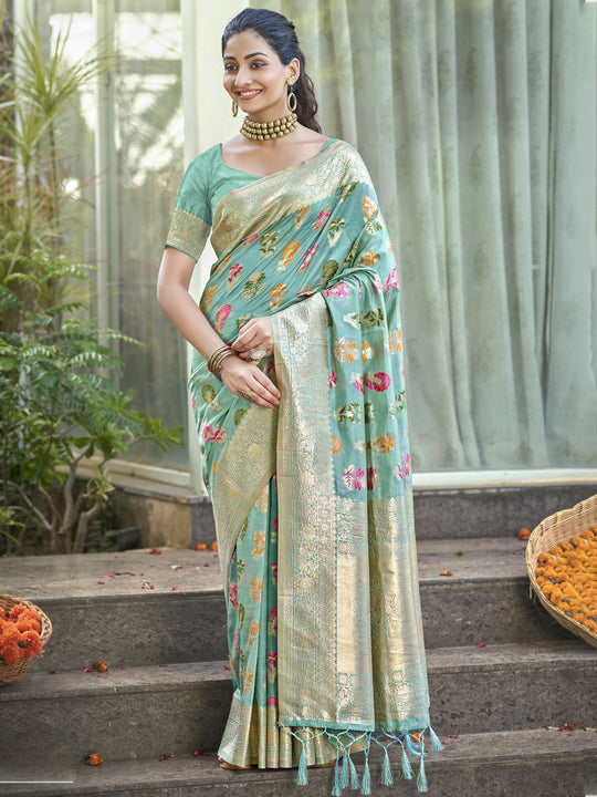 Teal Blue Organza Saree With Blouse Piece