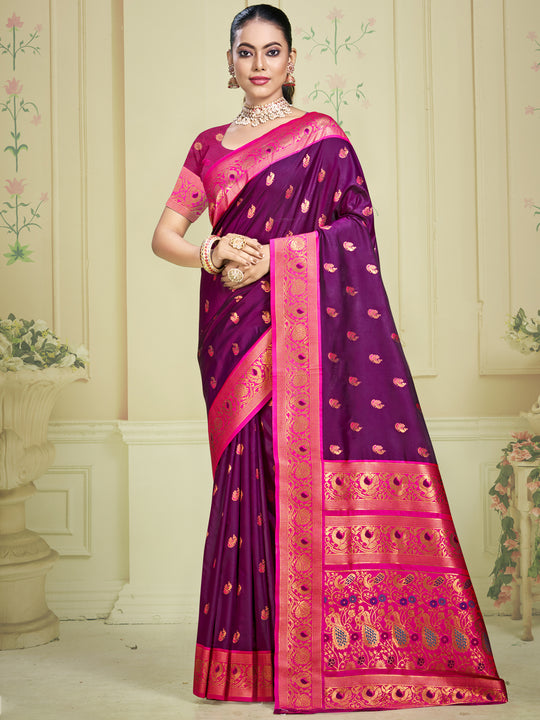 Wine Silk Saree With Blouse Piece