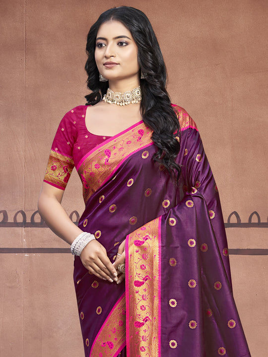 Wine Silk Saree With Blouse Piece