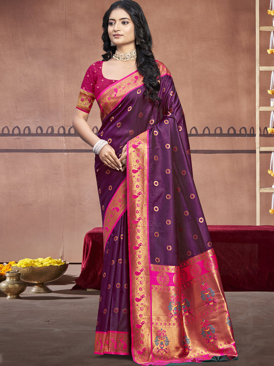Wine Silk Saree With Blouse Piece