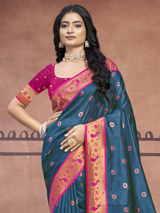 Teal Silk Saree With Blouse Piece