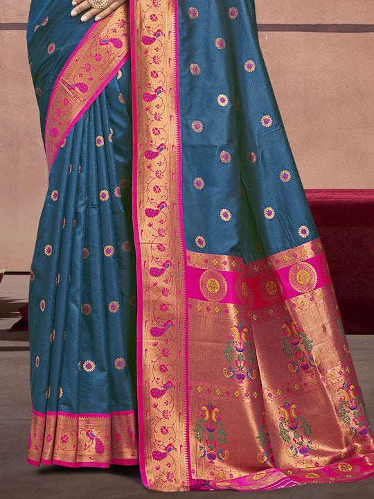 Teal Silk Saree With Blouse Piece