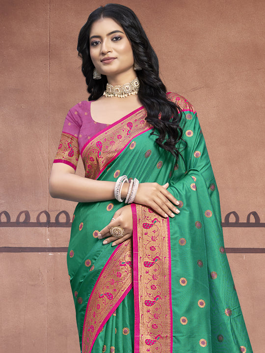 Teal Silk Saree With Blouse Piece