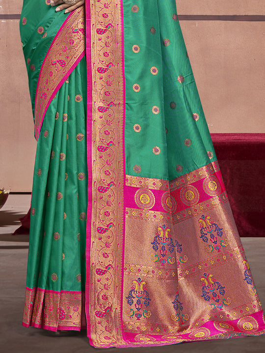 Teal Silk Saree With Blouse Piece