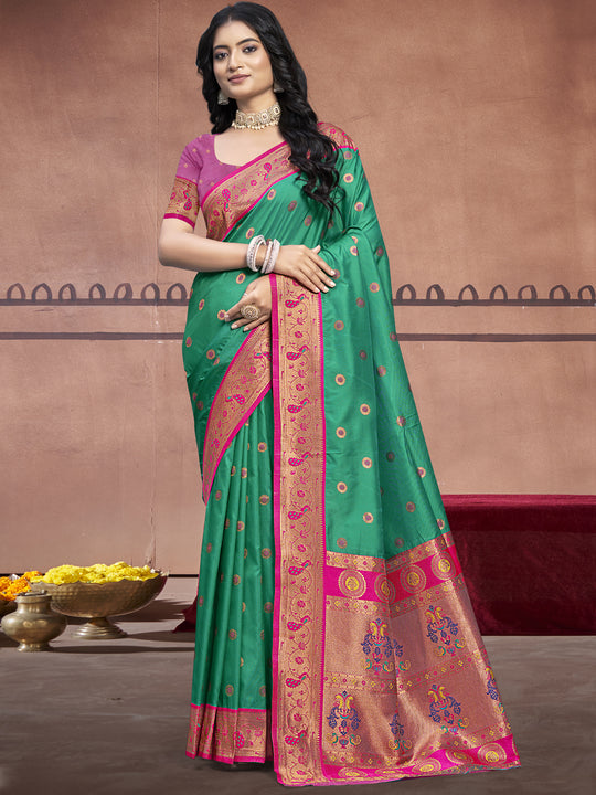 Teal Silk Saree With Blouse Piece