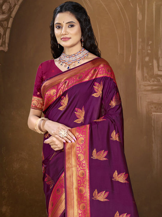 Wine Silk Saree With Blouse Piece