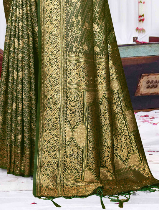 Green Satin Saree With Blouse Piece