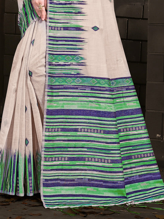 Cream Cotton Saree With Navy Blue Blouse Piece