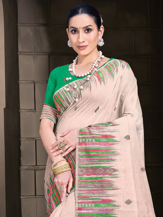 Cream Cotton Saree With Light Green Blouse Piece