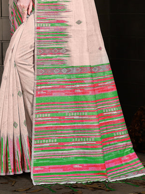 Cream Cotton Saree With Light Green Blouse Piece