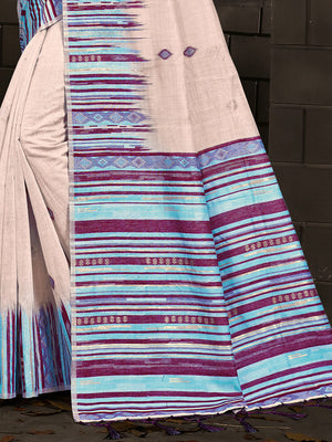 Cream Cotton Saree With Magenta Blouse Piece