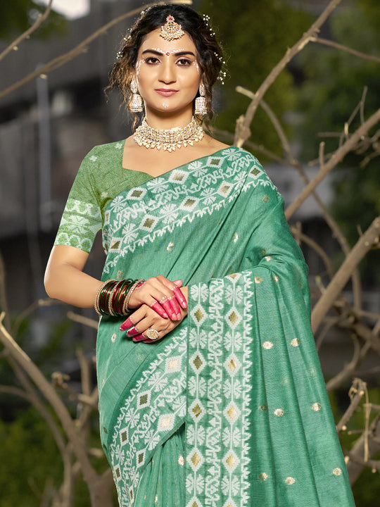 Teal Linen Blend Saree With Blouse Piece